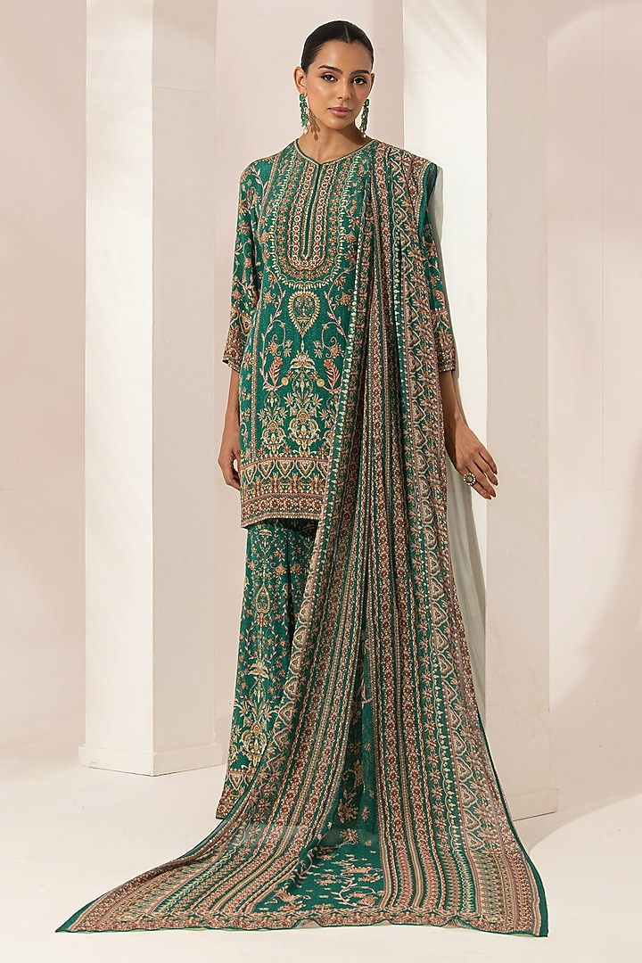 Teal Bemberg Crepe Digital Printed Party Wear Sharara Set by NIRRAAMYAA at Pernia's Pop Up Shop