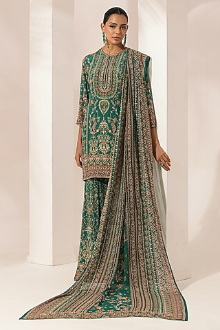 Teal Bemberg Crepe Digital Printed Sharara Set by NIRRAAMYAA