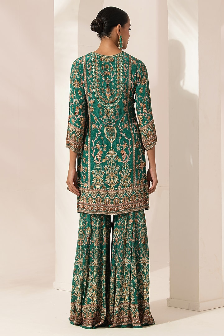Teal Bemberg Crepe Digital Printed Party Wear Sharara Set by NIRRAAMYAA at Pernia's Pop Up Shop