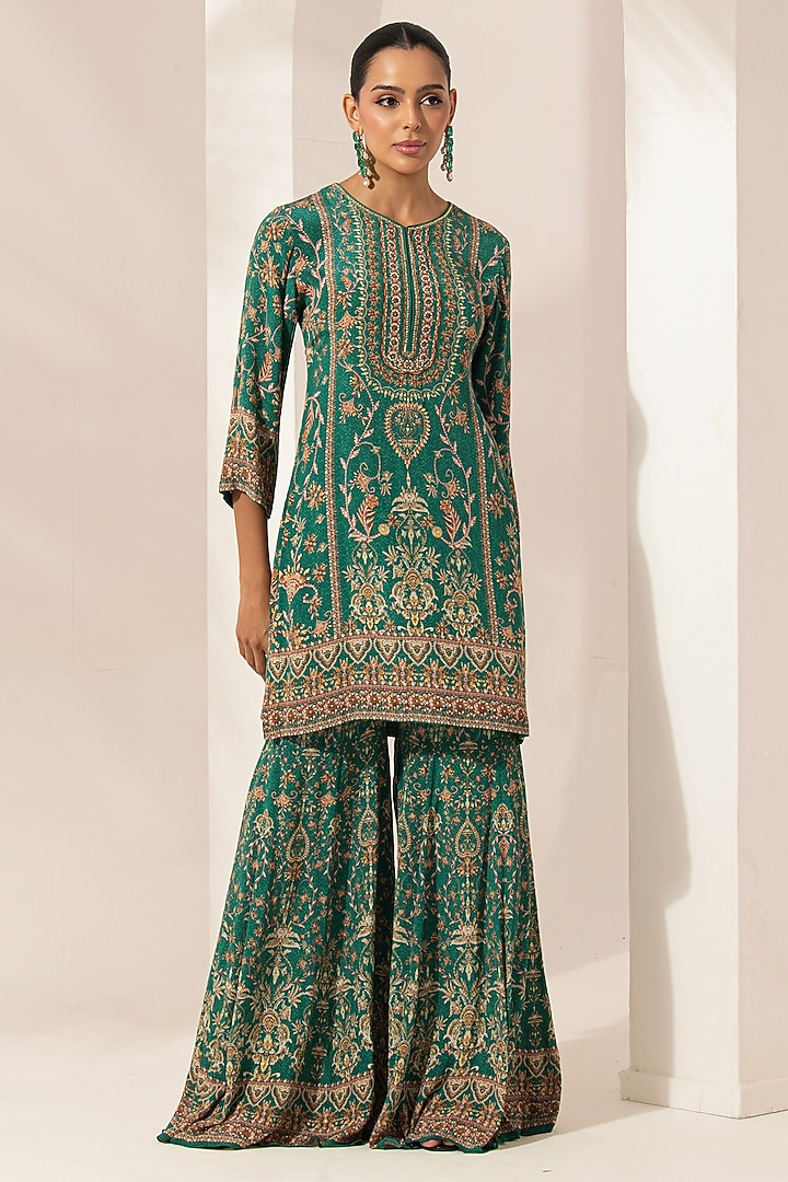 Teal Bemberg Crepe Digital Printed Party Wear Sharara Set by NIRRAAMYAA at Pernia's Pop Up Shop