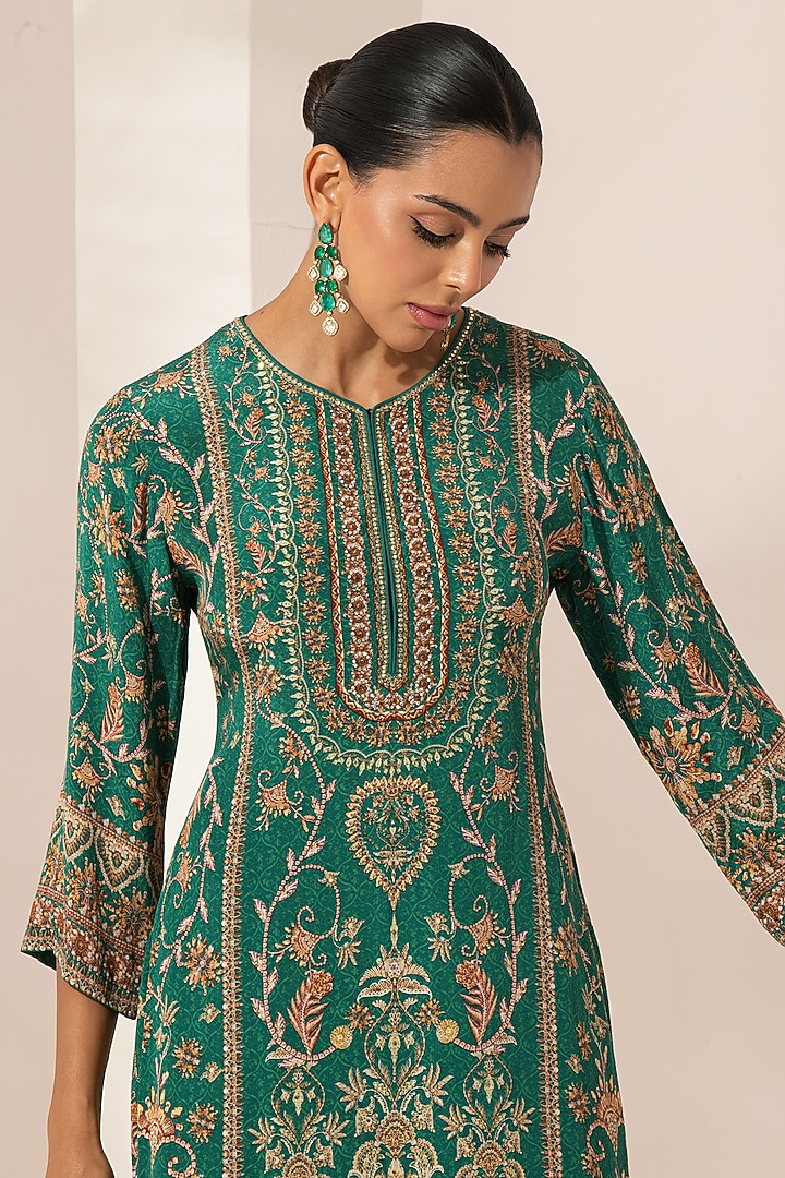 Teal Bemberg Crepe Digital Printed Party Wear Sharara Set by NIRRAAMYAA at Pernia's Pop Up Shop