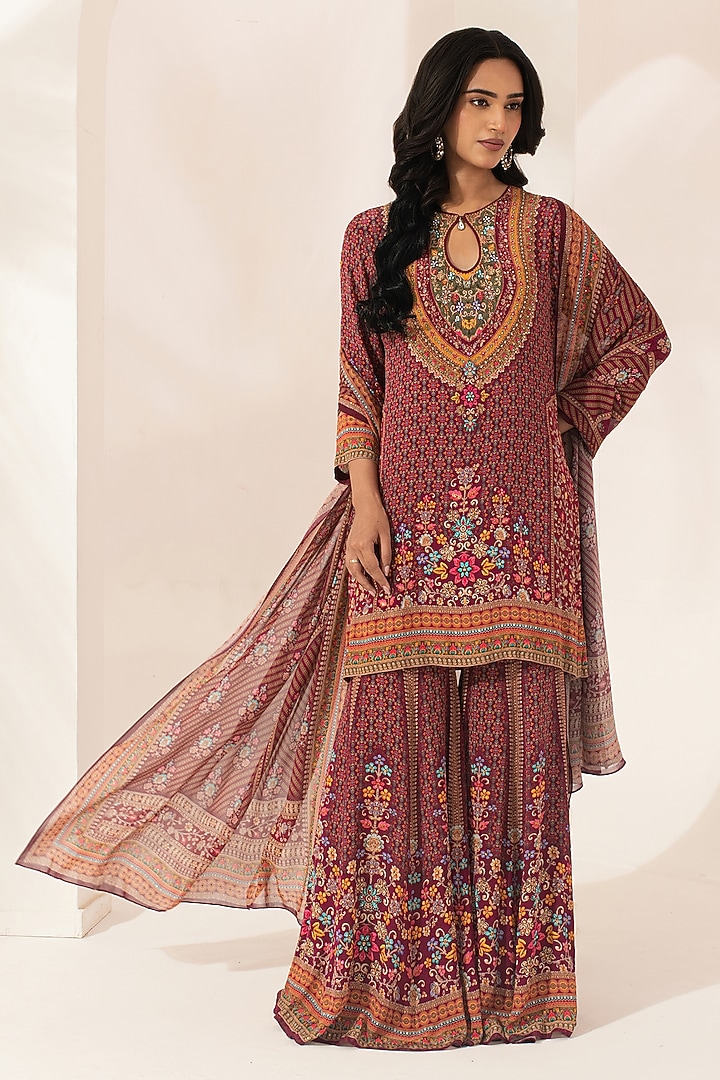 Wine Bemberg Crepe Digital Printed Party Wear Sharara Set by NIRRAAMYAA at Pernia's Pop Up Shop