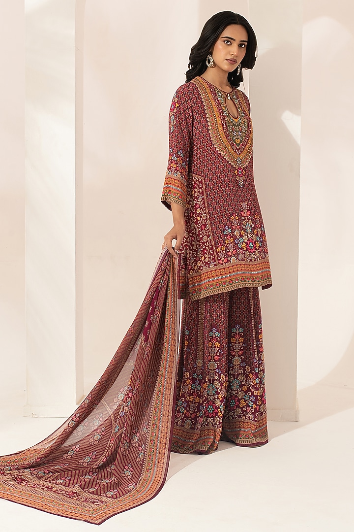 Wine Bemberg Crepe Digital Printed Party Wear Sharara Set by NIRRAAMYAA at Pernia's Pop Up Shop