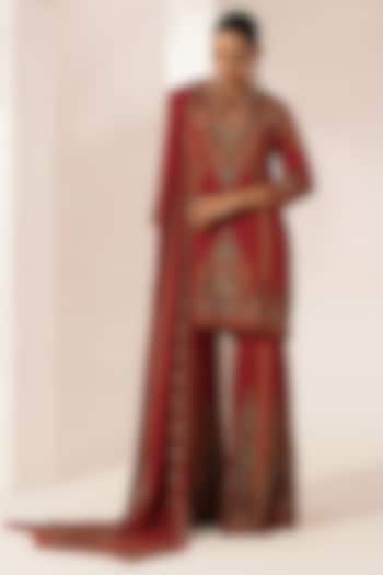 Red Bemberg Crepe Digital Printed Party Wear Sharara Set by NIRRAAMYAA at Pernia's Pop Up Shop