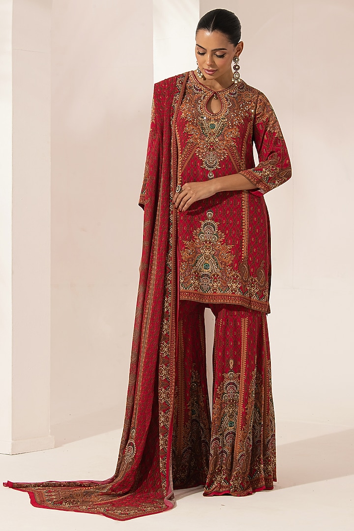 Red Bemberg Crepe Digital Printed Party Wear Sharara Set by NIRRAAMYAA at Pernia's Pop Up Shop