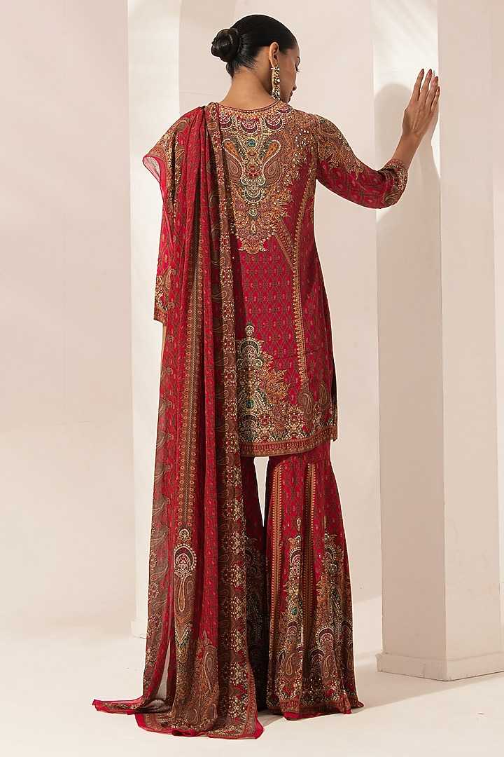 Red Bemberg Crepe Digital Printed Party Wear Sharara Set by NIRRAAMYAA at Pernia's Pop Up Shop