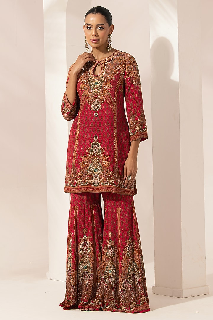 Red Bemberg Crepe Digital Printed Party Wear Sharara Set by NIRRAAMYAA at Pernia's Pop Up Shop