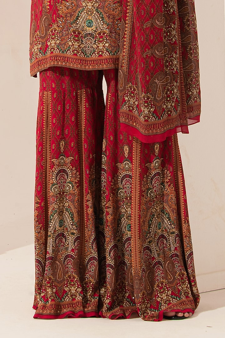 Red Bemberg Crepe Digital Printed Party Wear Sharara Set by NIRRAAMYAA at Pernia's Pop Up Shop