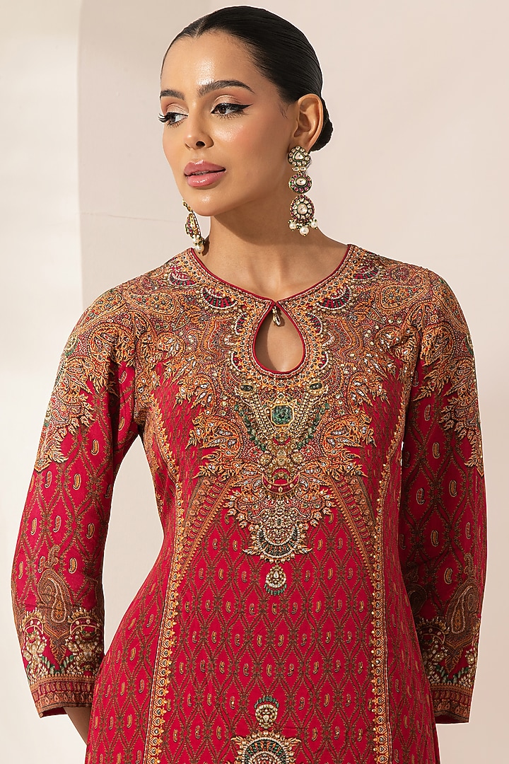Red Bemberg Crepe Digital Printed Party Wear Sharara Set by NIRRAAMYAA at Pernia's Pop Up Shop