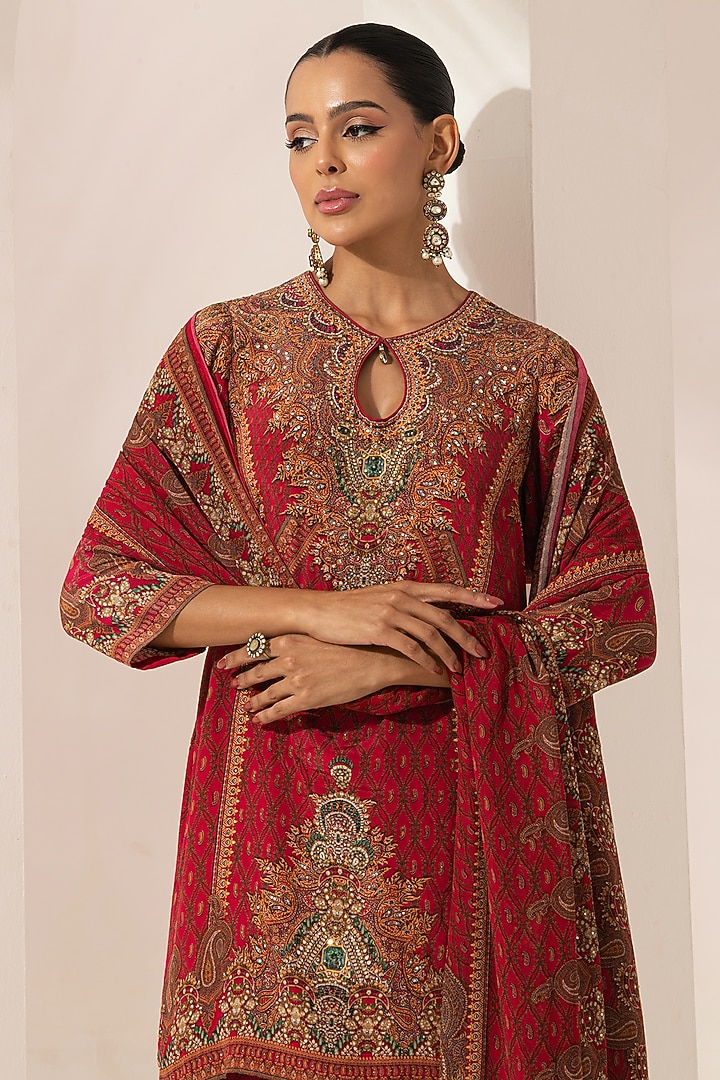 Red Bemberg Crepe Digital Printed Party Wear Sharara Set by NIRRAAMYAA at Pernia's Pop Up Shop