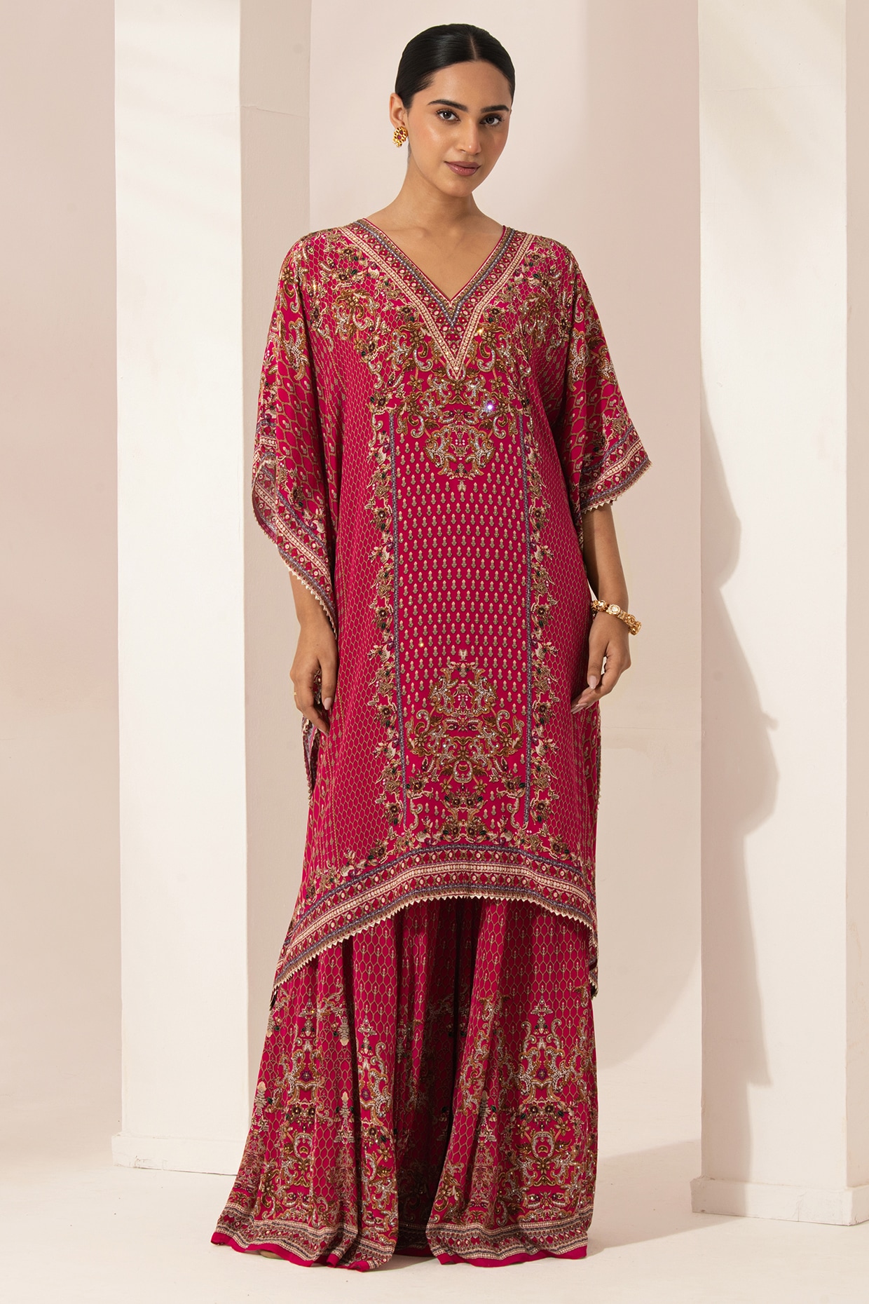 NIRRAAMYAA Fuchsia Bemberg Crepe Swarovski Embellished & Digital Printed Kurta Set