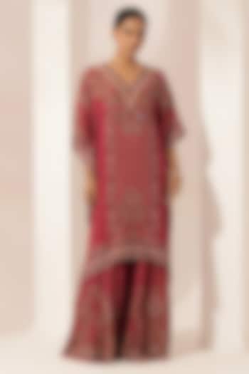Fuchsia Bemberg Crepe Swarovski Embellished & Digital Printed Kurta Set by NIRRAAMYAA at Pernia's Pop Up Shop