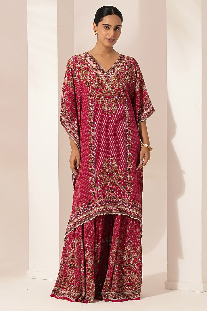 Fuchsia Bemberg Crepe Swarovski Embellished & Digital Printed Kurta Set by NIRRAAMYAA at Pernia's Pop Up Shop