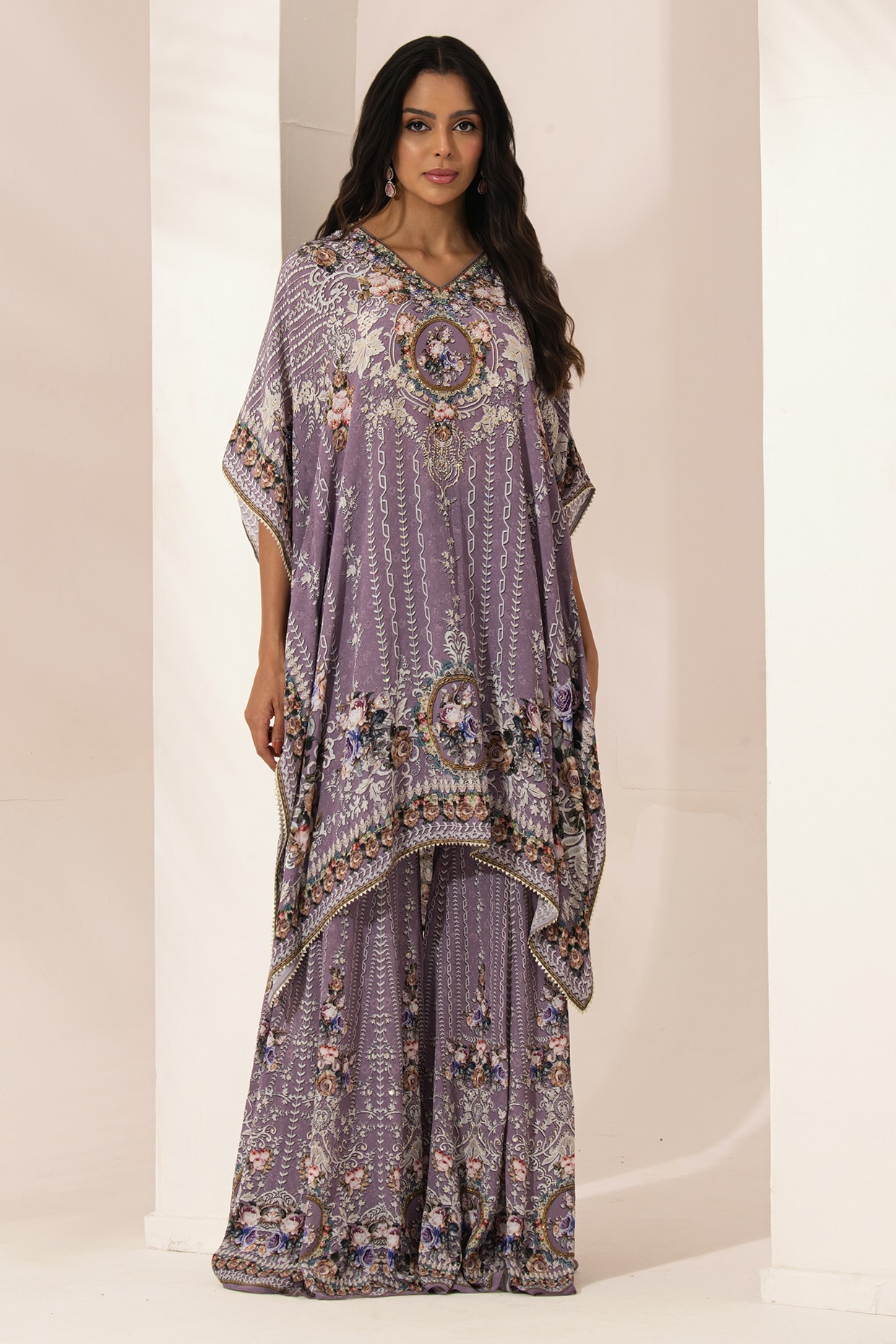 NIRRAAMYAA Lavender Bemberg Crepe Swarovski Embellished & Digital Printed Kurta Set