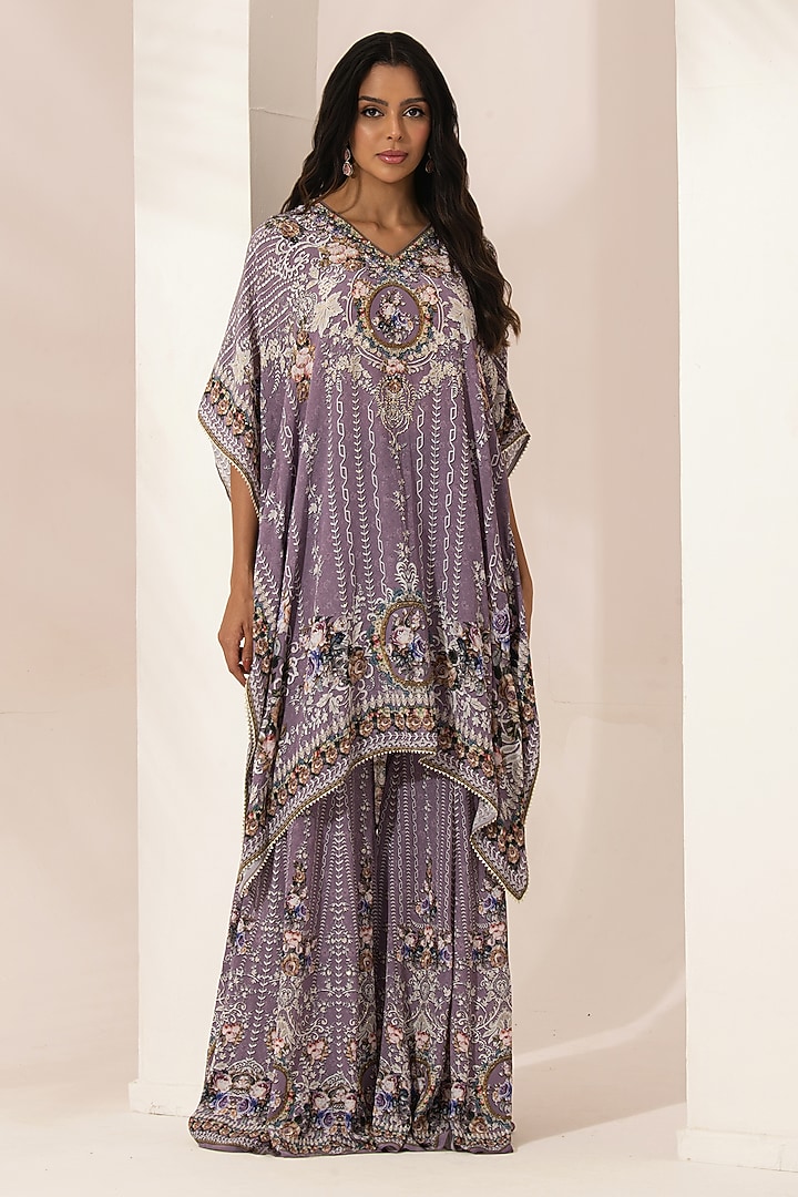 Lavender Bemberg Crepe Swarovski Embellished & Digital Printed Kurta Set by NIRRAAMYAA at Pernia's Pop Up Shop