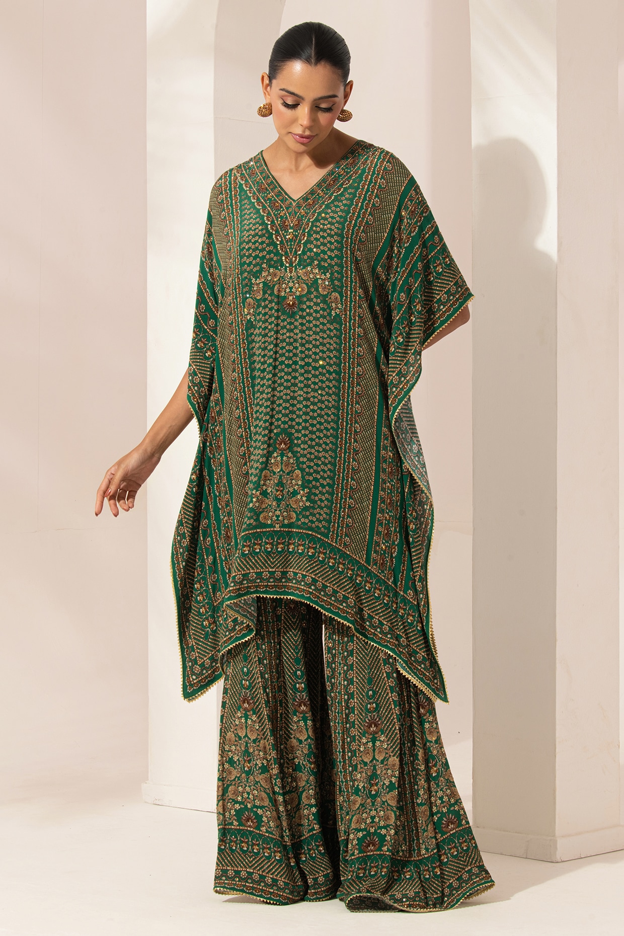 NIRRAAMYAA Teal Bemberg Crepe Swarovski Embellished & Digital Printed Kurta Set