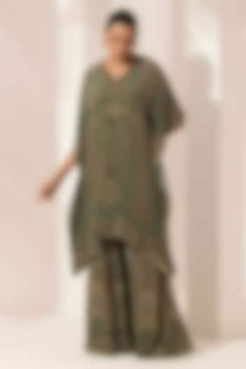 Teal Bemberg Crepe Swarovski Embellished & Digital Printed Kurta Set by NIRRAAMYAA at Pernia's Pop Up Shop