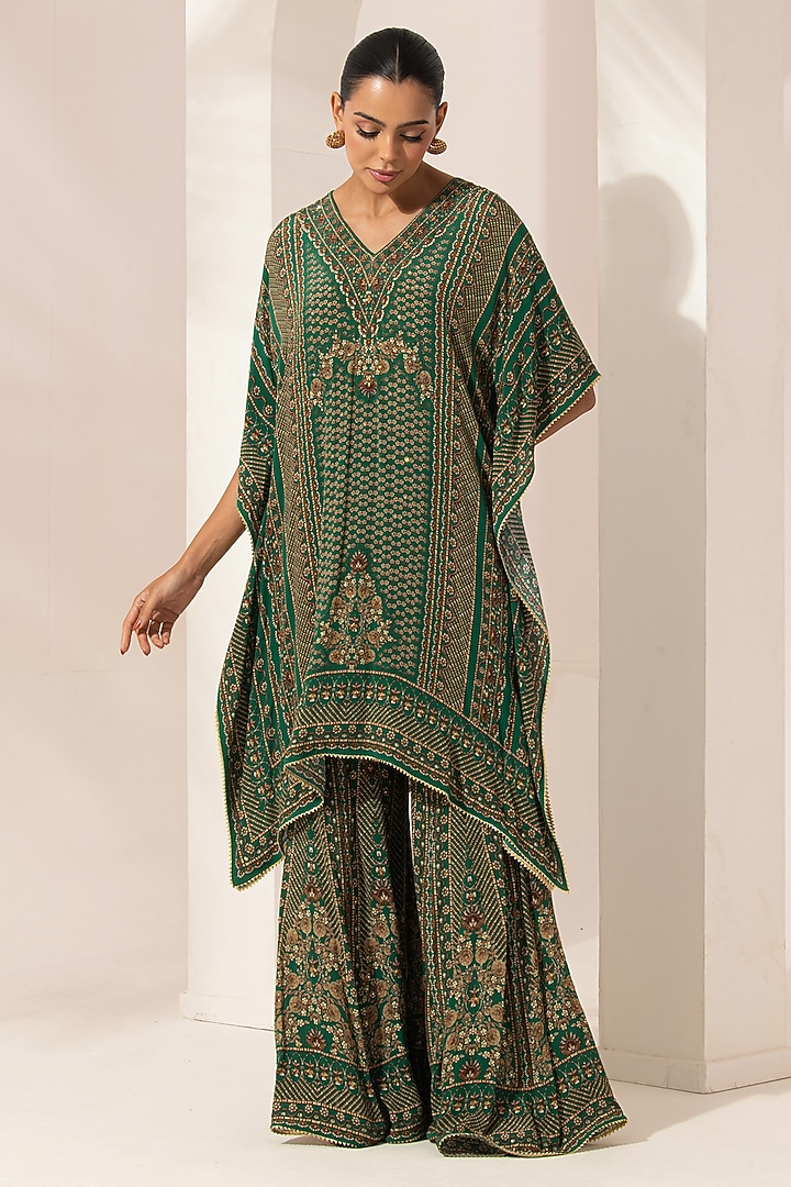 Teal Bemberg Crepe Swarovski Embellished & Digital Printed Kurta Set by NIRRAAMYAA at Pernia's Pop Up Shop