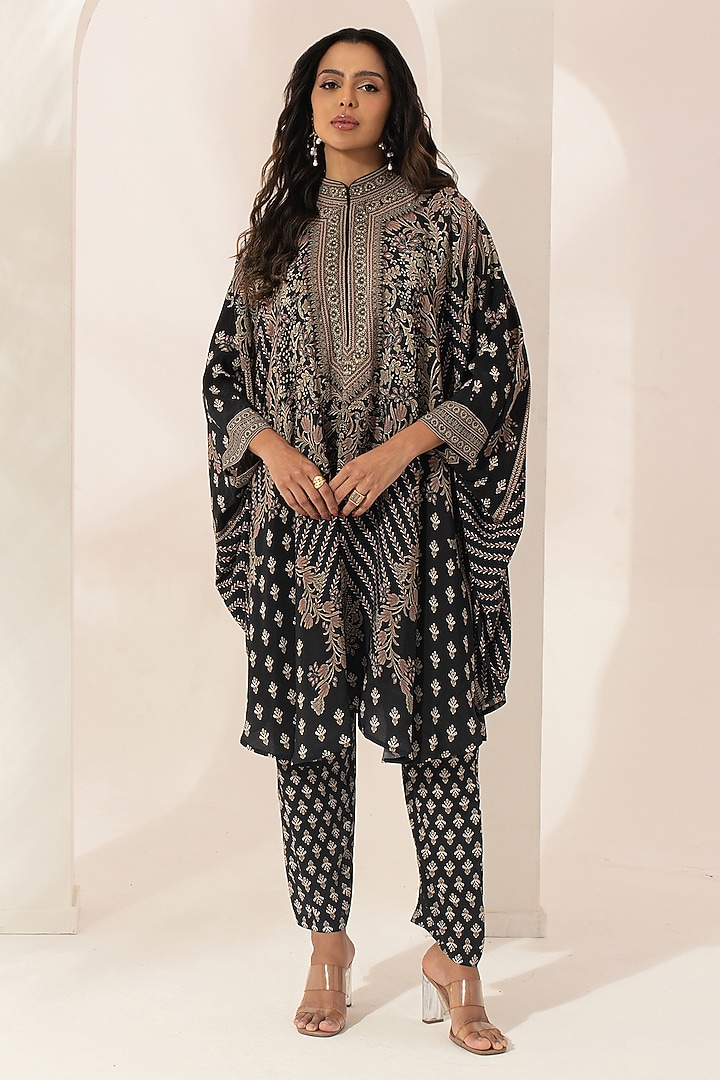 Black Bemberg Crepe Swarovski Embellished & Digital Printed Co-ord Set by NIRRAAMYAA at Pernia's Pop Up Shop