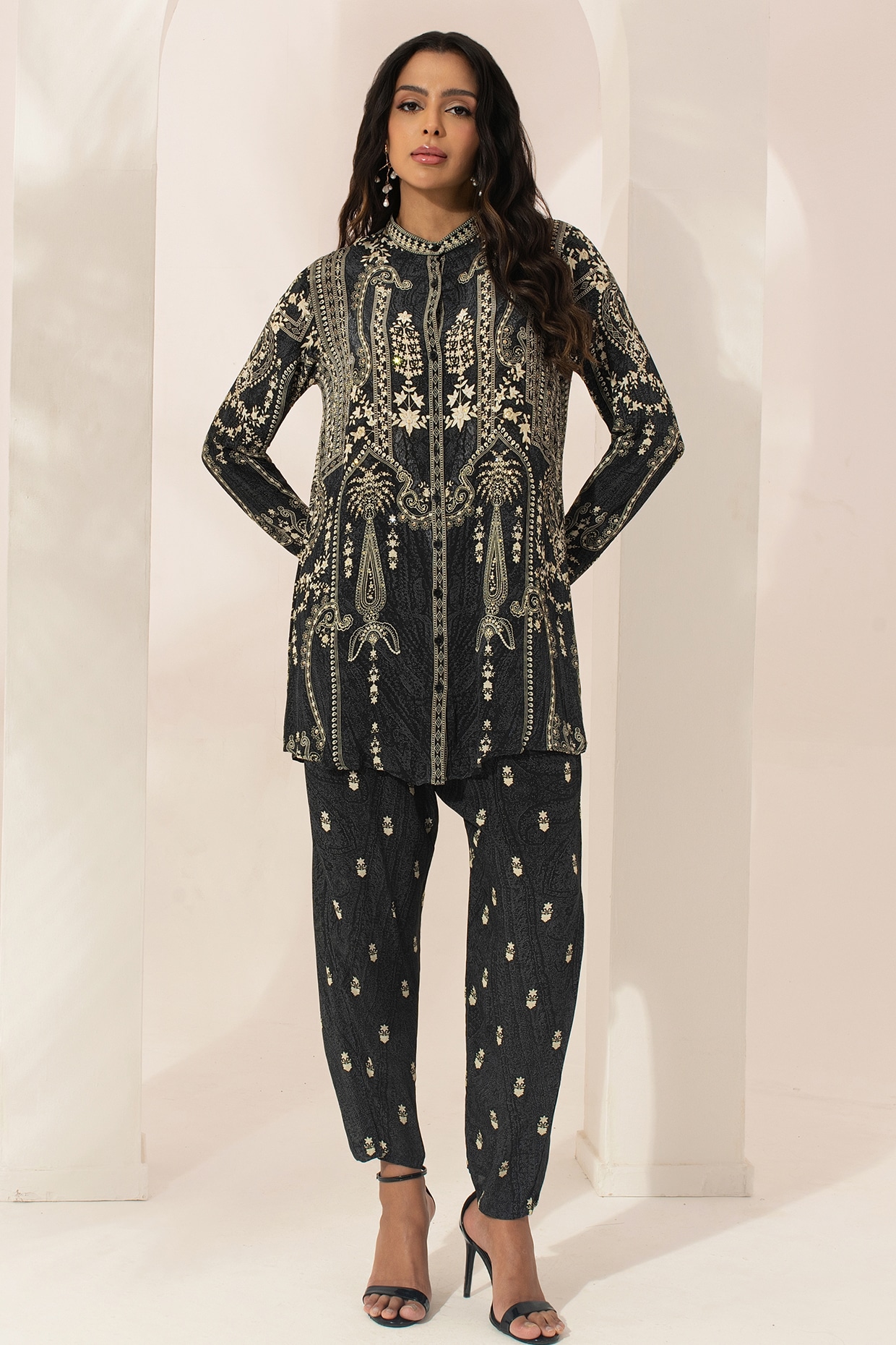 NIRRAAMYAA Black Bemberg Crepe Rhinestone Embroidered & Digital Print Co-ord Set