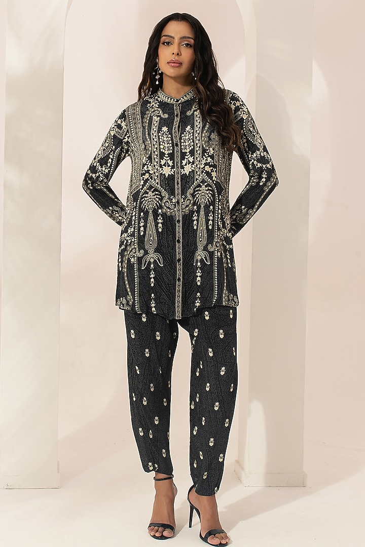 Black Bemberg Crepe Rhinestone Embroidered & Digital Print Co-ord Set by NIRRAAMYAA at Pernia's Pop Up Shop