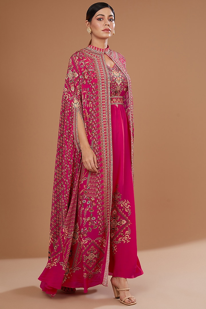 Red Bemberg Crepe Digital Printed & Swarovski Embroidered Cape With Attached Inner by NIRRAAMYAA at Pernia's Pop Up Shop