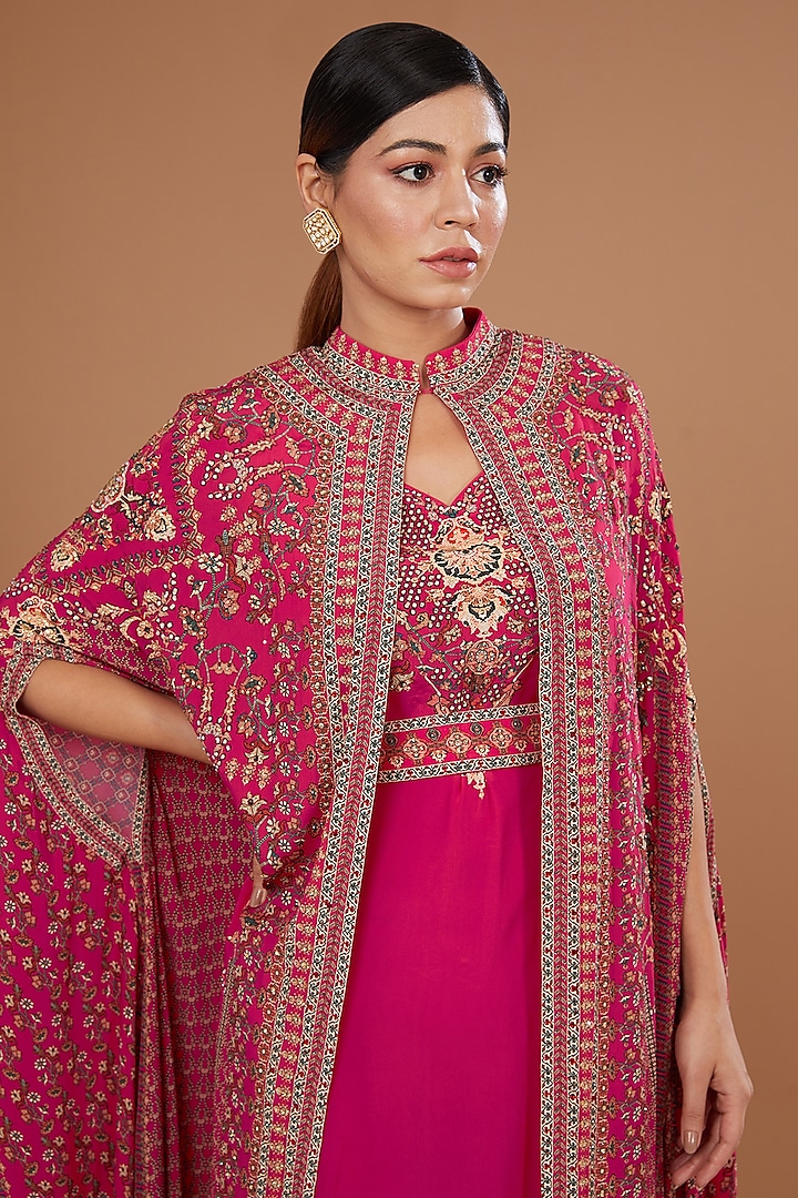 Red Bemberg Crepe Digital Printed & Swarovski Embroidered Cape With Attached Inner by NIRRAAMYAA at Pernia's Pop Up Shop