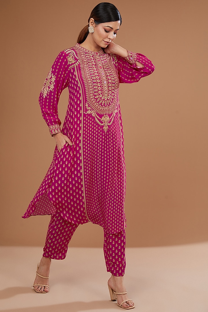 Red Bemberg Crepe Digital Printed & Swarovski Embroidered Kurta Set by NIRRAAMYAA at Pernia's Pop Up Shop