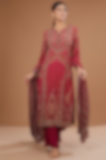 Red Bemberg Crepe Digital Printed & Swarovski Embroidered Kurta Set by NIRRAAMYAA at Pernia's Pop Up Shop