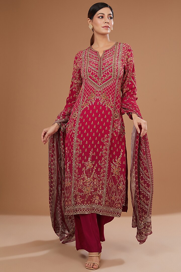Red Bemberg Crepe Digital Printed & Swarovski Embroidered Kurta Set by NIRRAAMYAA at Pernia's Pop Up Shop