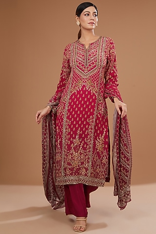Red Bemberg Crepe Digital Printed & Swarovski Embroidered Kurta Set by NIRRAAMYAA
