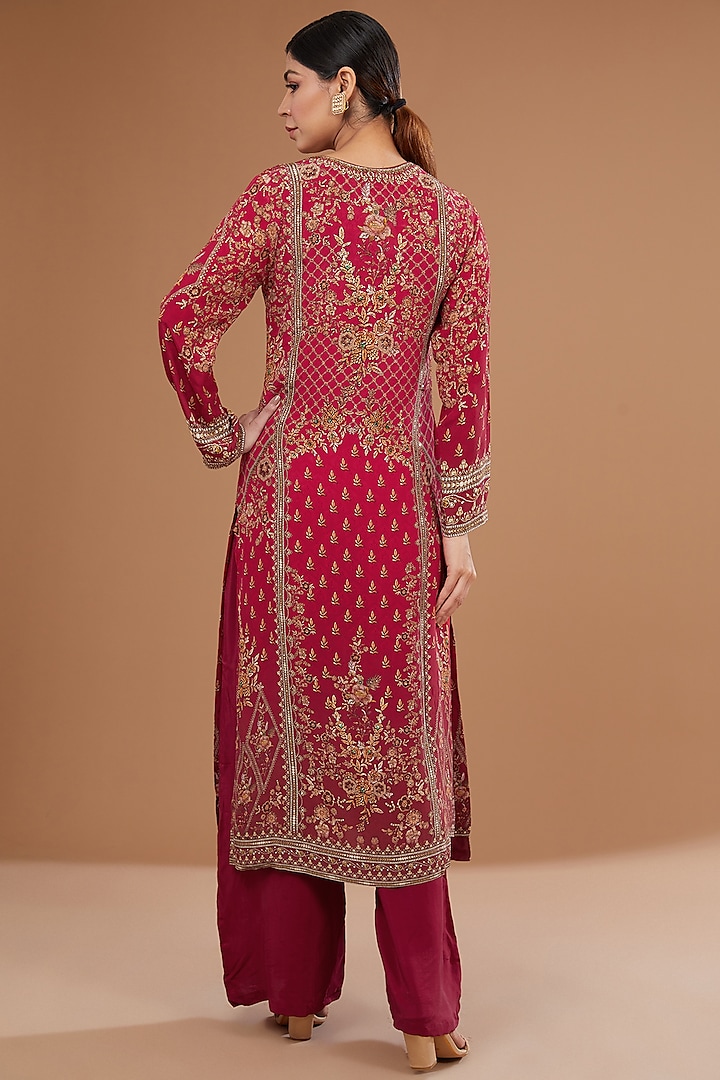 Red Bemberg Crepe Digital Printed & Swarovski Embroidered Kurta Set by NIRRAAMYAA at Pernia's Pop Up Shop
