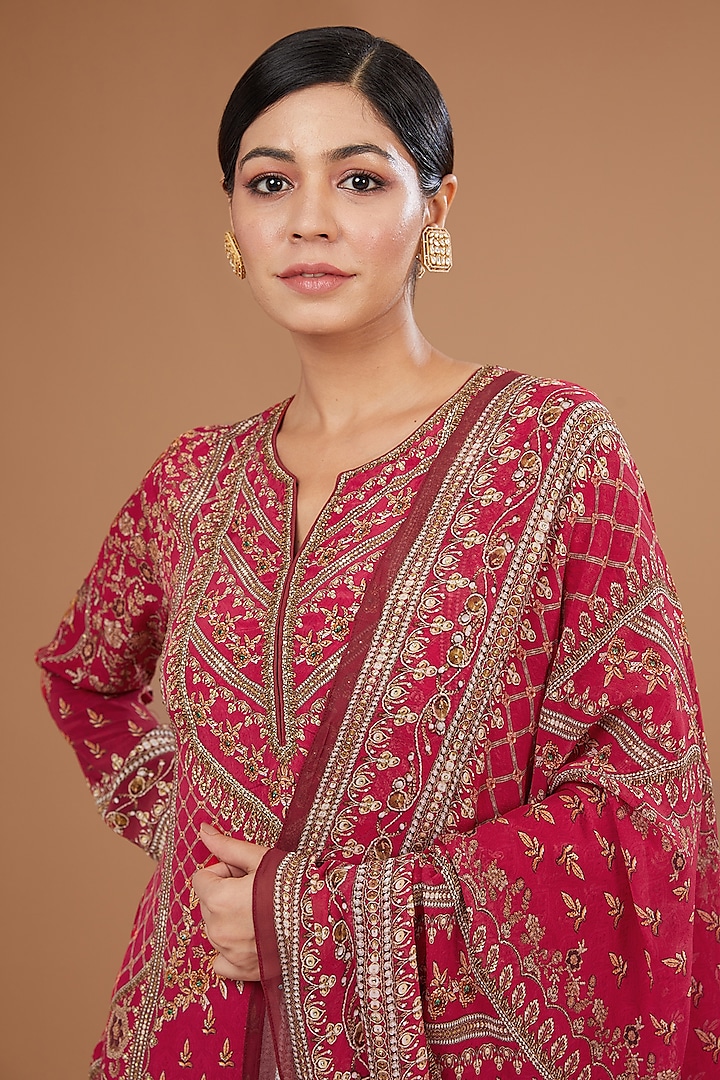 Red Bemberg Crepe Digital Printed & Swarovski Embroidered Kurta Set by NIRRAAMYAA at Pernia's Pop Up Shop