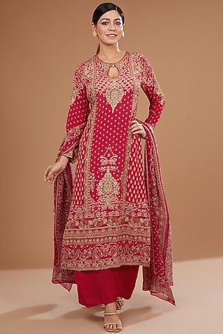 Red Bemberg Crepe Digital Printed & Swarovski Embroidered Kurta Set by NIRRAAMYAA
