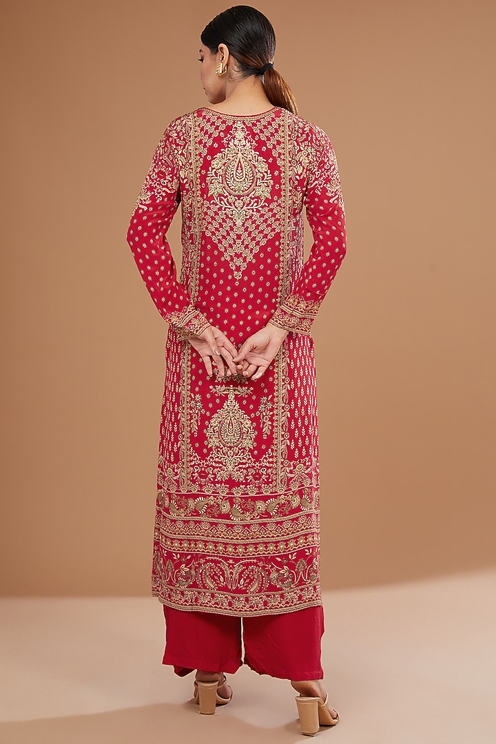 Red Bemberg Crepe Digital Printed & Swarovski Embroidered Kurta Set by NIRRAAMYAA at Pernia's Pop Up Shop