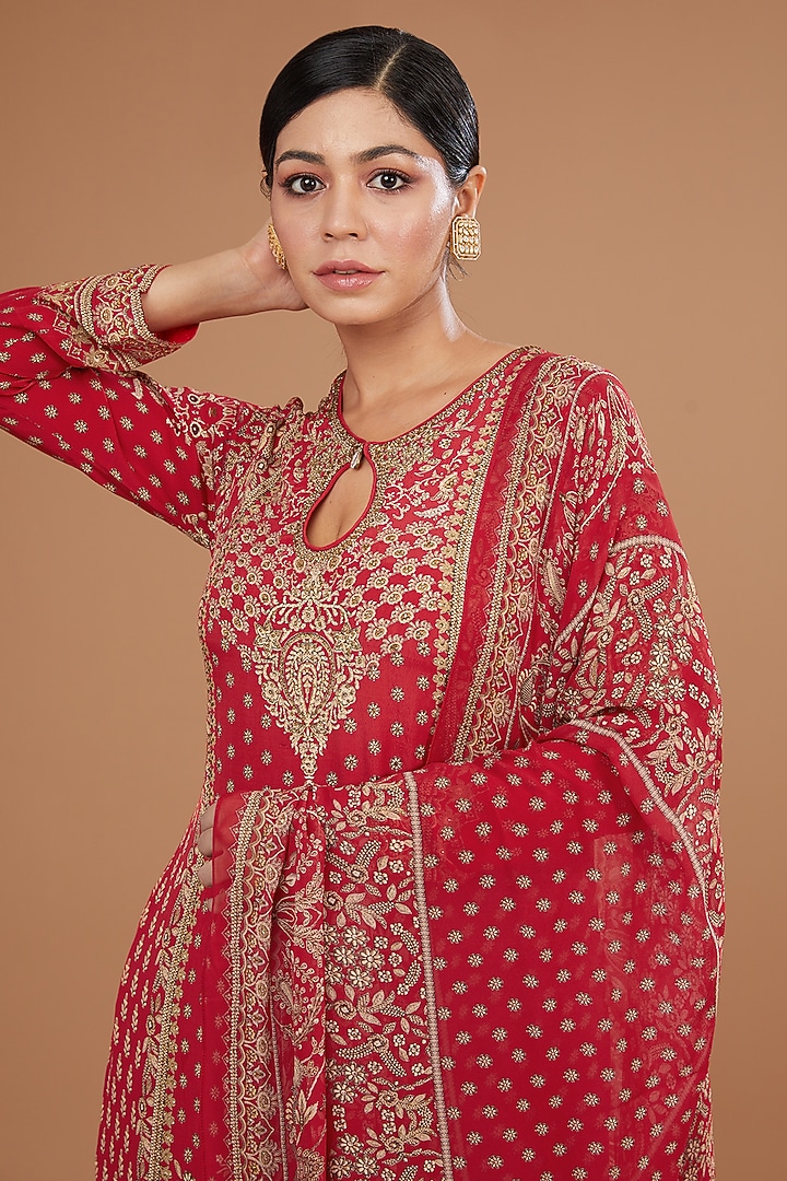 Red Bemberg Crepe Digital Printed & Swarovski Embroidered Kurta Set by NIRRAAMYAA at Pernia's Pop Up Shop
