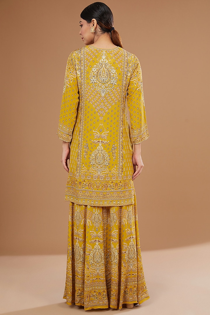 Mustard Crepe & Georgette Digital Printed & Swarovski Embroidered Party Wear Sharara Set by NIRRAAMYAA at Pernia's Pop Up Shop