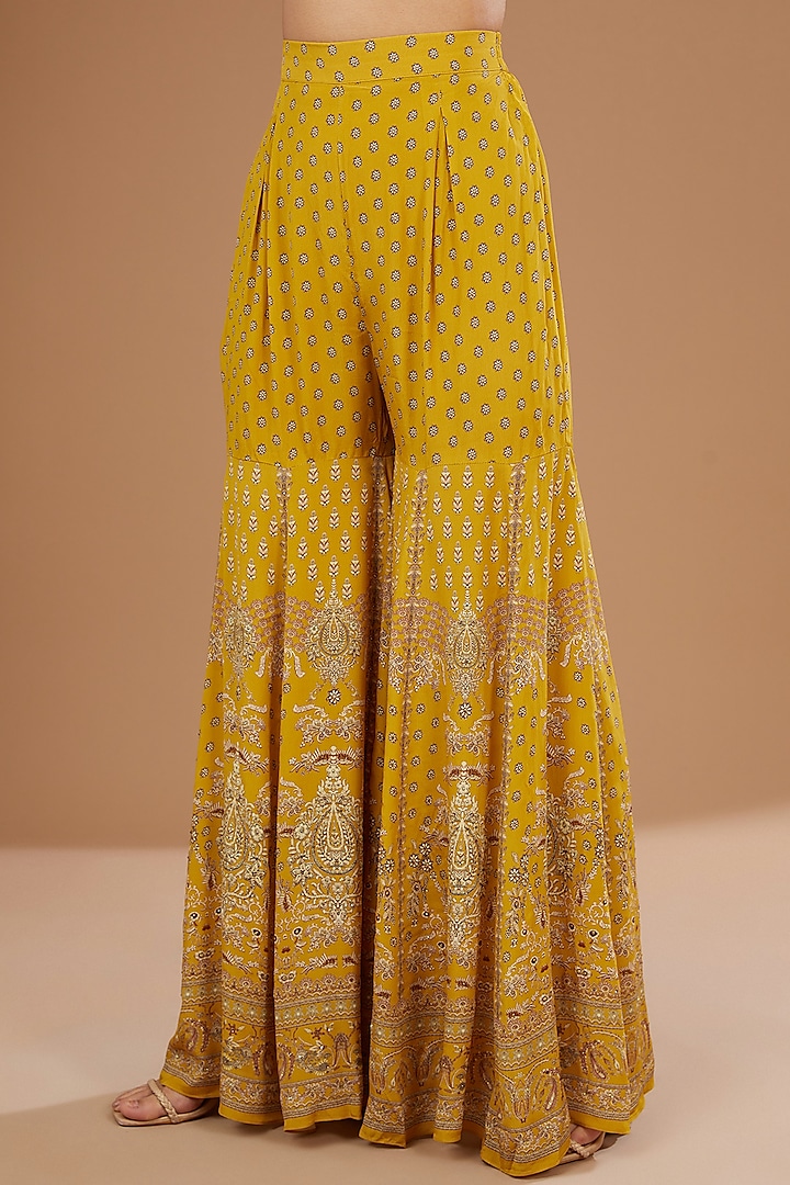 Mustard Crepe & Georgette Digital Printed & Swarovski Embroidered Party Wear Sharara Set by NIRRAAMYAA at Pernia's Pop Up Shop