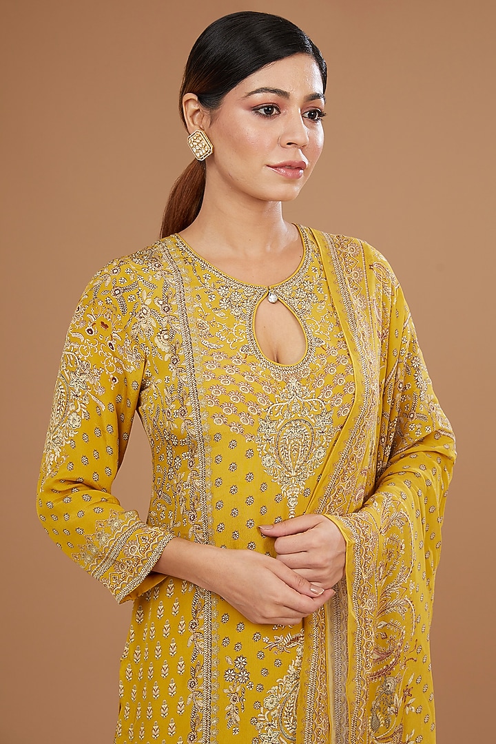 Mustard Crepe & Georgette Digital Printed & Swarovski Embroidered Party Wear Sharara Set by NIRRAAMYAA at Pernia's Pop Up Shop