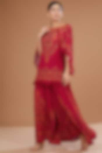 Red Bemberg Crepe Digital Printed & Swarovski Embroidered Gharara Set by NIRRAAMYAA