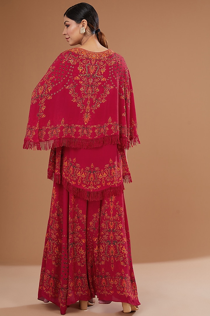 Red Bemberg Crepe Digital Printed & Swarovski Embroidered Gharara Set by NIRRAAMYAA at Pernia's Pop Up Shop