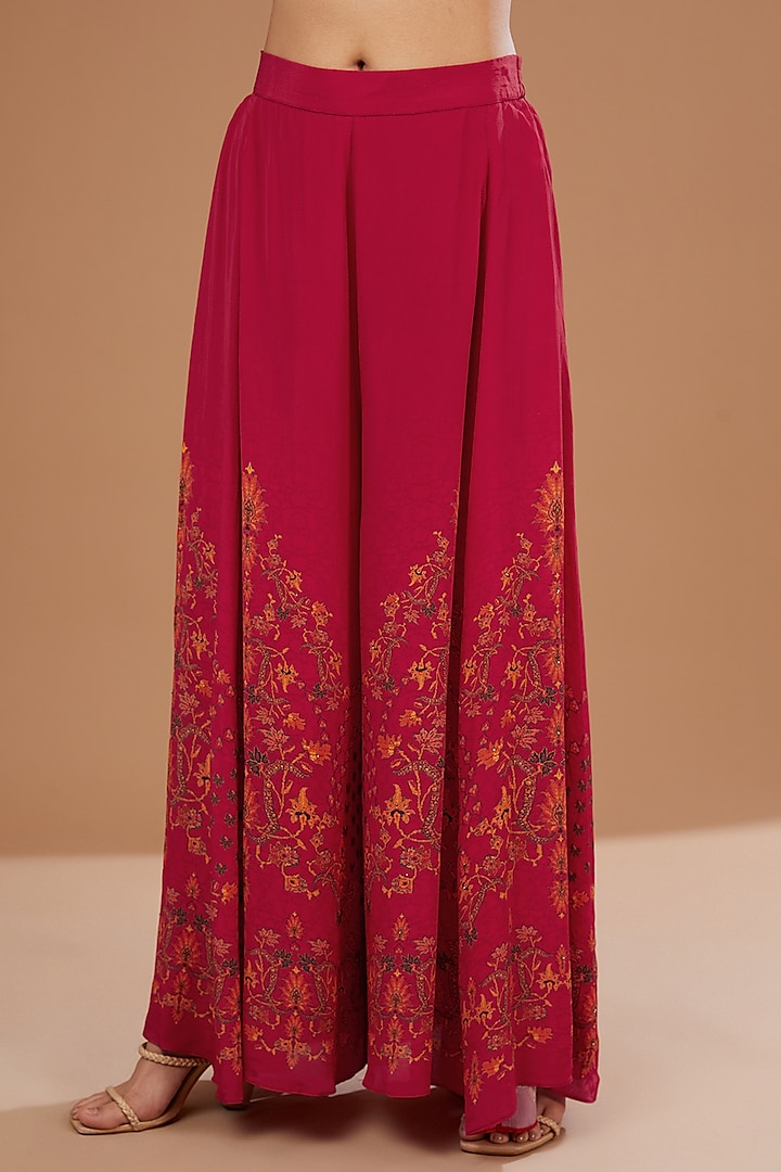 Red Bemberg Crepe Digital Printed & Swarovski Embroidered Gharara Set by NIRRAAMYAA at Pernia's Pop Up Shop