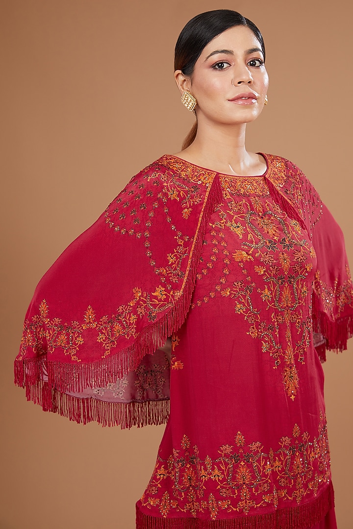 Red Bemberg Crepe Digital Printed & Swarovski Embroidered Gharara Set by NIRRAAMYAA at Pernia's Pop Up Shop