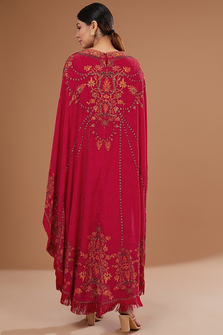 Red Bemberg Crepe Digital Printed & Swarovski Embroidered Cape Set by NIRRAAMYAA at Pernia's Pop Up Shop
