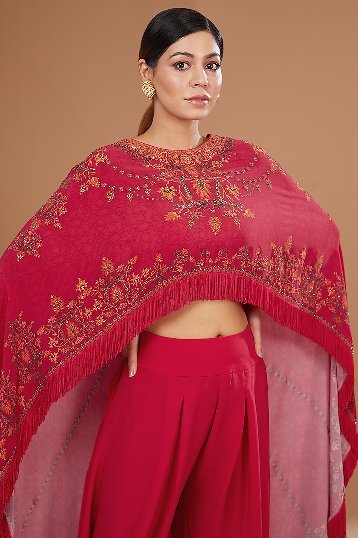 Red Bemberg Crepe Digital Printed & Swarovski Embroidered Cape Set by NIRRAAMYAA at Pernia's Pop Up Shop