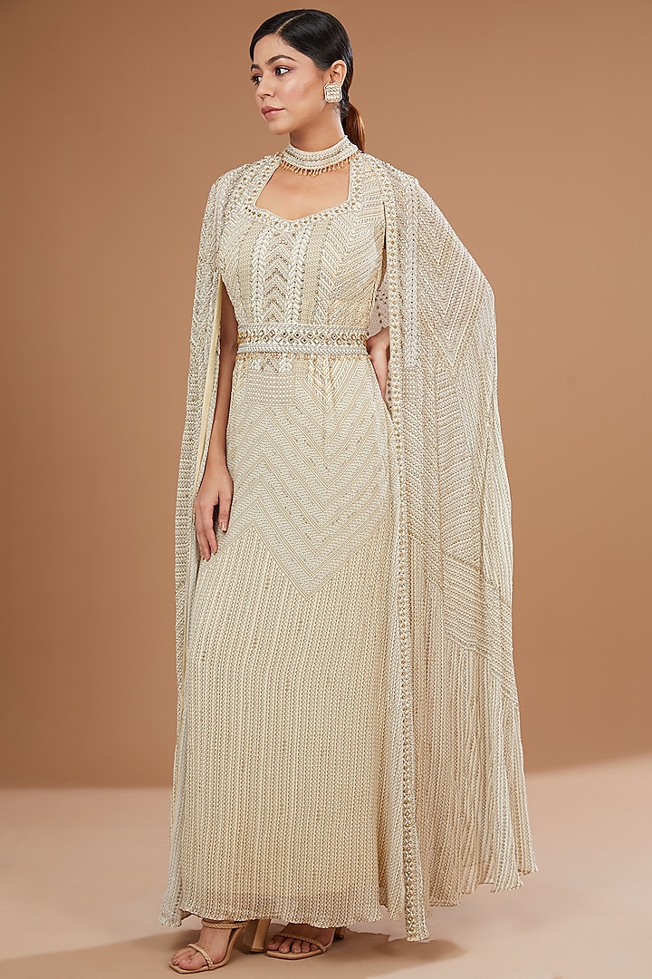 Ivory Georgette Digital Printed & Swarovski Embroidered Dress by NIRRAAMYAA