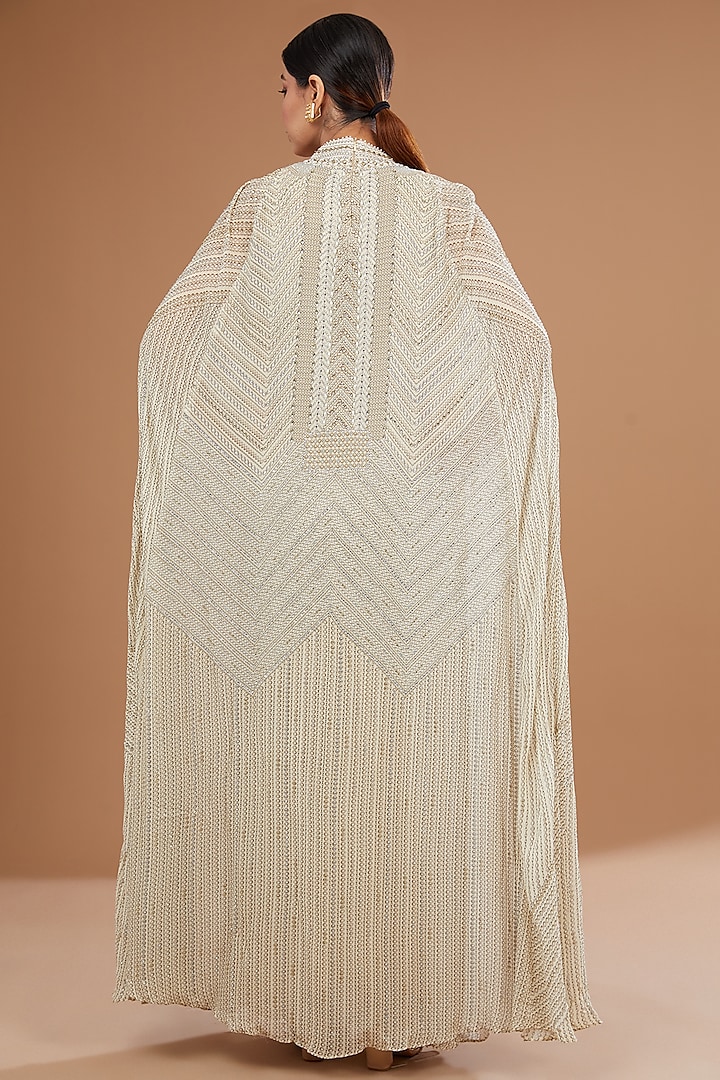 Ivory Georgette Digital Printed & Swarovski Embroidered Party Wear Dress by NIRRAAMYAA at Pernia's Pop Up Shop