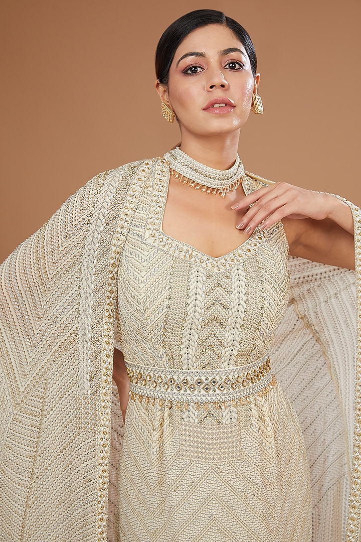 Ivory Georgette Digital Printed & Swarovski Embroidered Party Wear Dress by NIRRAAMYAA at Pernia's Pop Up Shop
