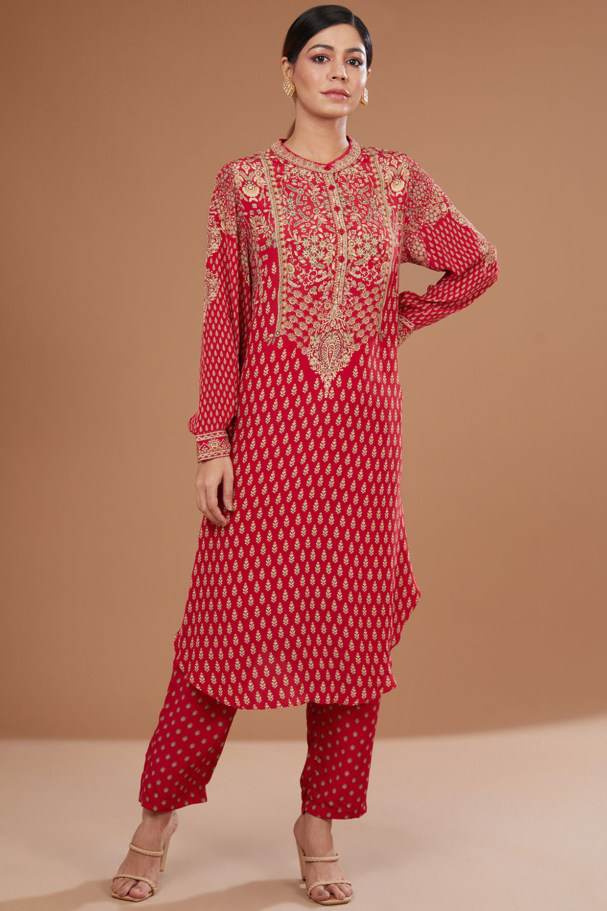 Red Bemberg Crepe Digital Printed & Swarovski Embroidered Kurta Set by NIRRAAMYAA at Pernia's Pop Up Shop