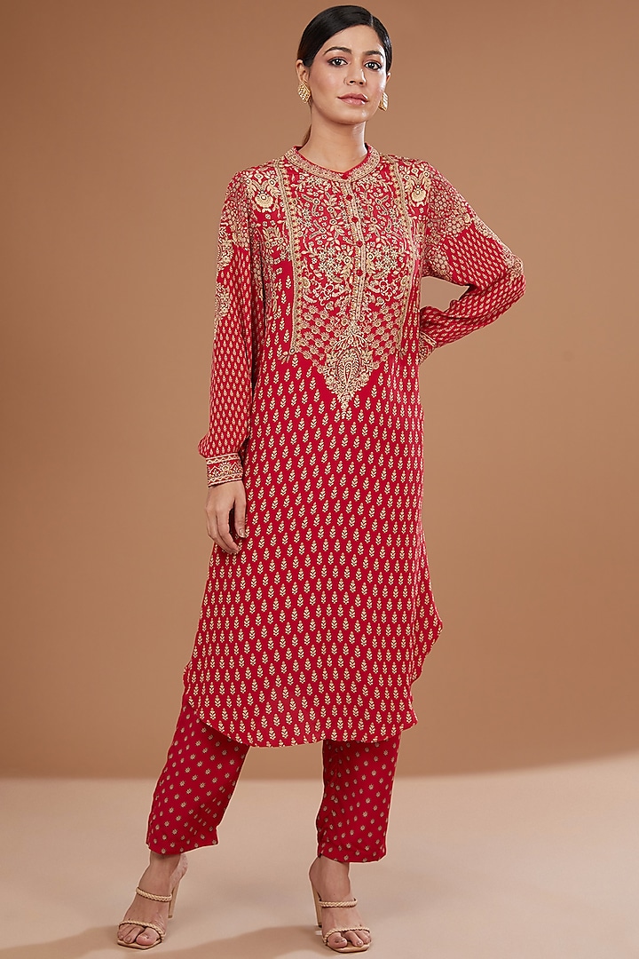 Red Bemberg Crepe Digital Printed & Swarovski Embroidered Kurta Set by NIRRAAMYAA at Pernia's Pop Up Shop